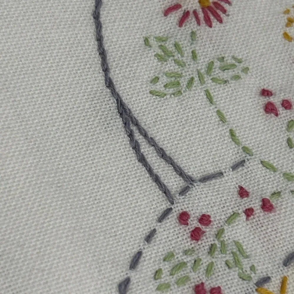 Set of 2 Hand Embroidered Cream Dish Tea Towels Floral Basket Bees